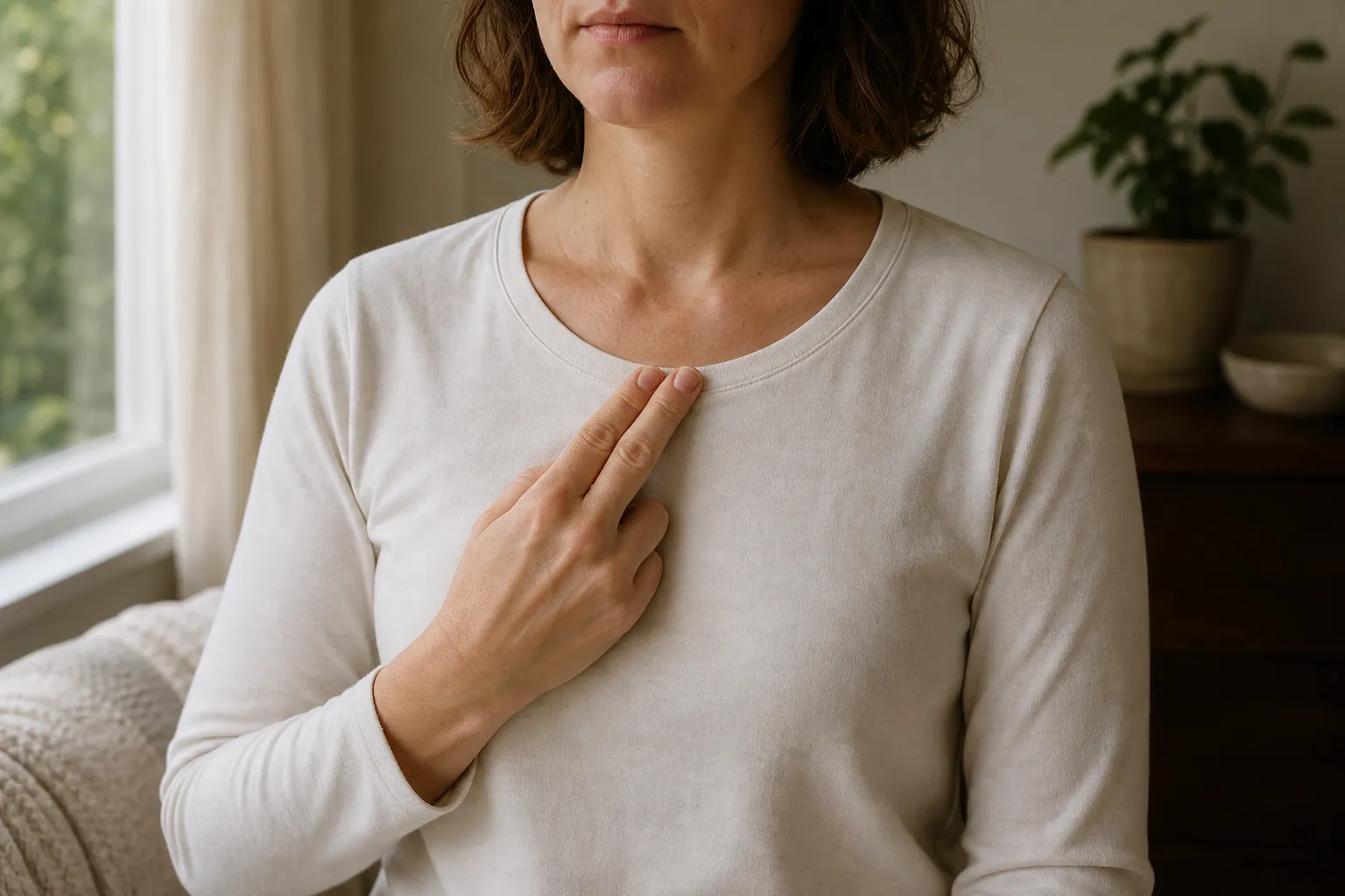A person lightly placing fingertips on the upper sternum while taking a slow grounding breath