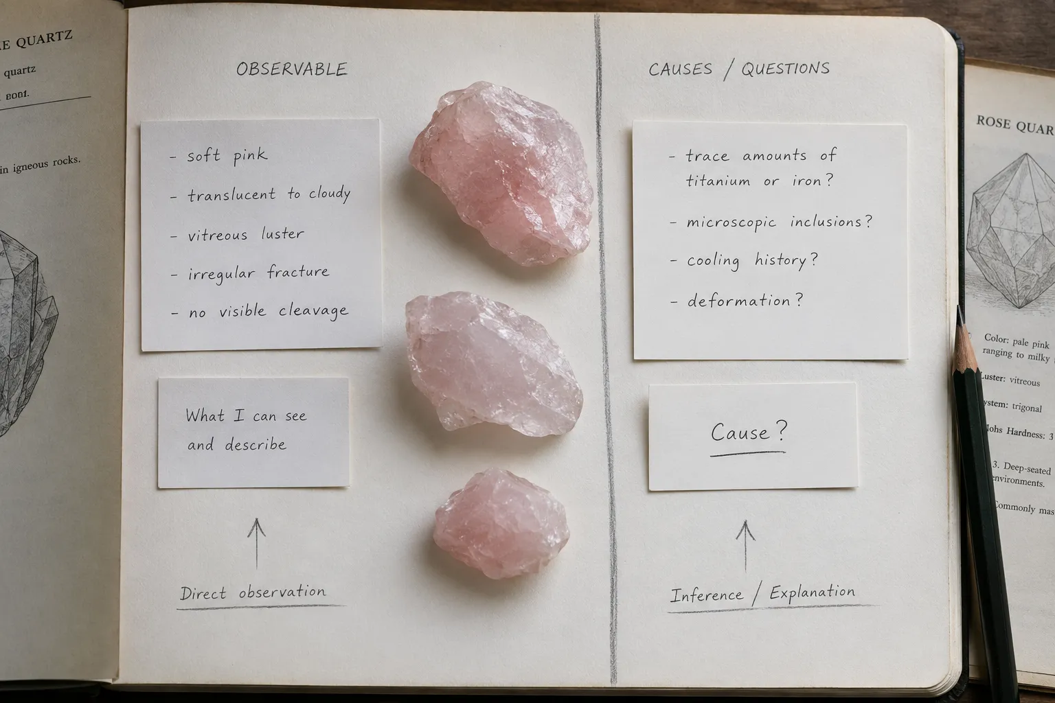 Rose quartz specimens compared with short label notes about visible color and color cause