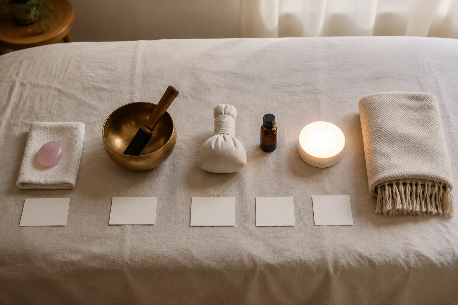 A restrained spa sequence with rose quartz, sound, warmth, and quiet rest arranged as separate stages