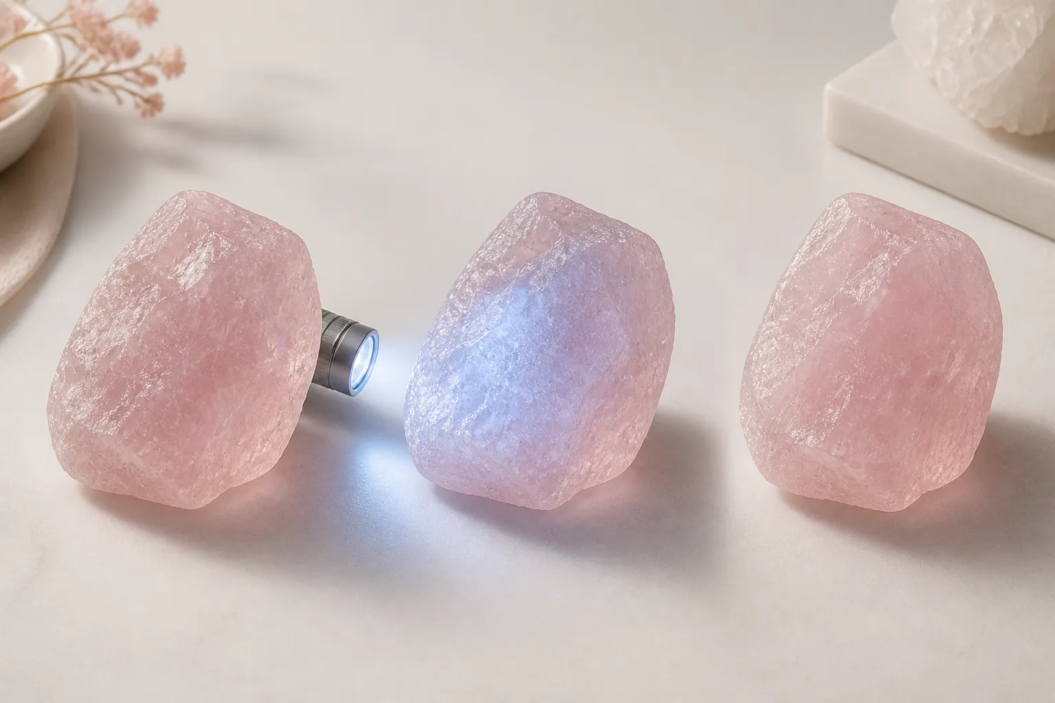 Rose quartz changing from pink to bluish haze as light direction and viewing angle shift
