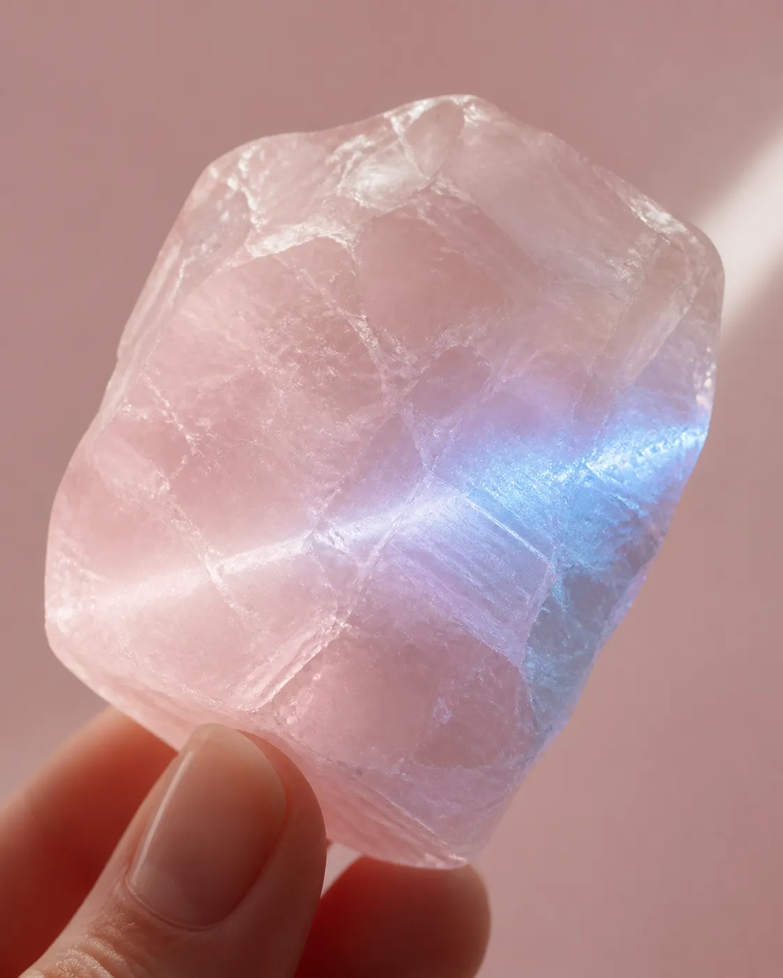 Translucent rose quartz showing a conditional blue haze under directional light