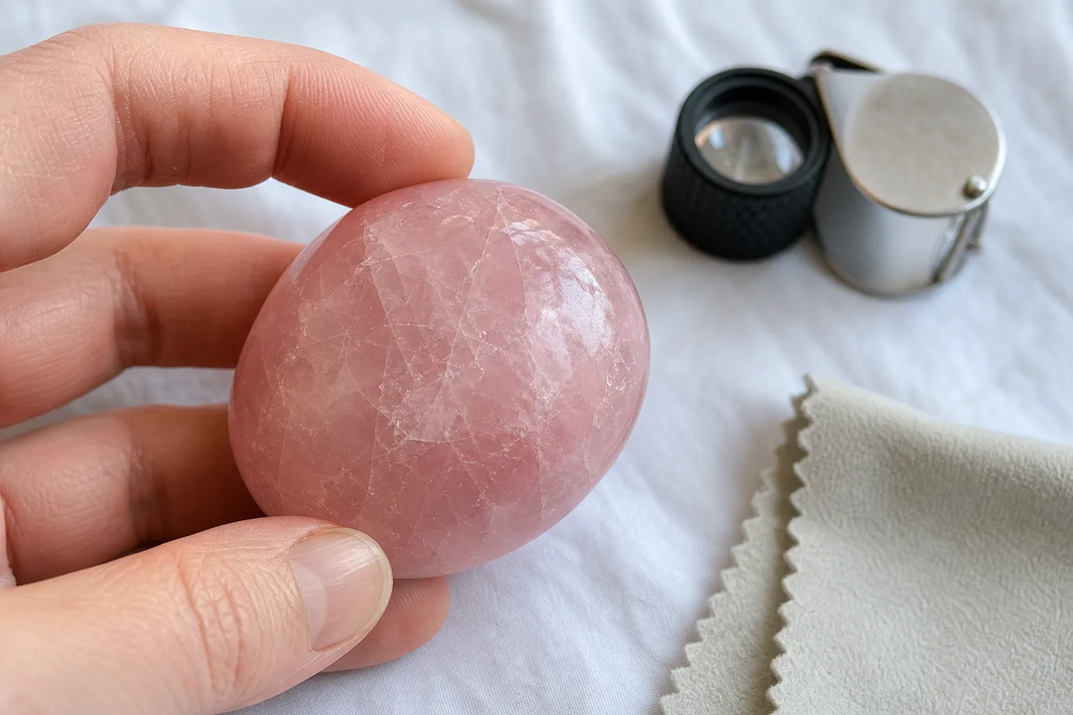 Rose quartz examined under neutral light for surface film scratches cloudy zones and uneven pale areas
