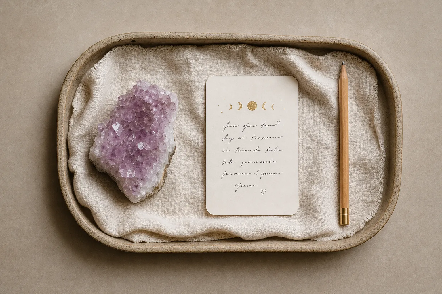 A pink amethyst ritual setup with a stable tray, cloth, and written intention for a dry full moon sequence