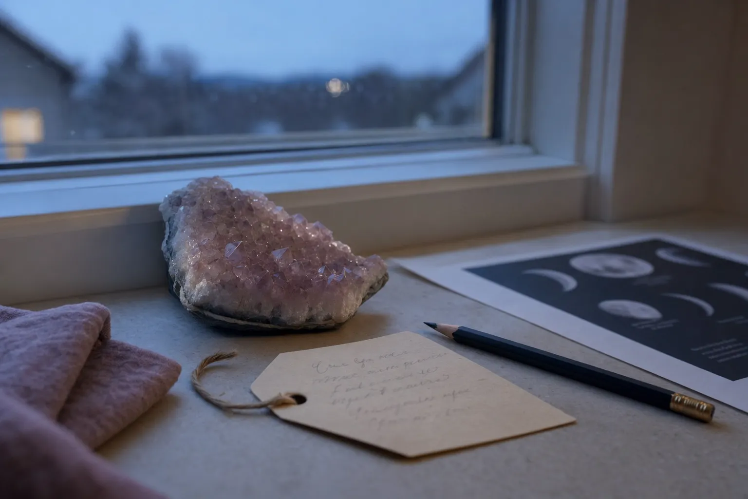 Pink amethyst resting indoors near a window with a ritual note for a symbolic full moon charging practice