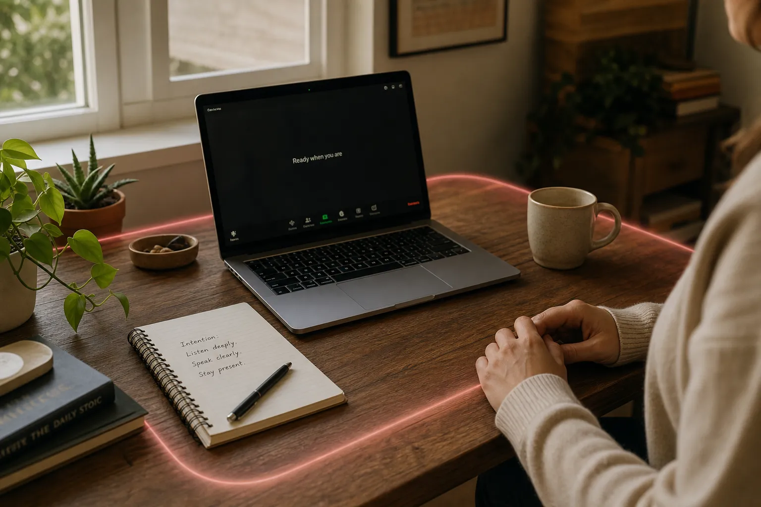 A quiet desk before a video call with a soft visual boundary around the workspace